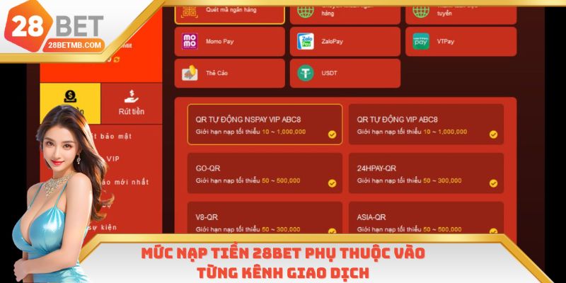 Mức nạp tiền 28Bet phụ thuộc vào từng kênh giao dịch